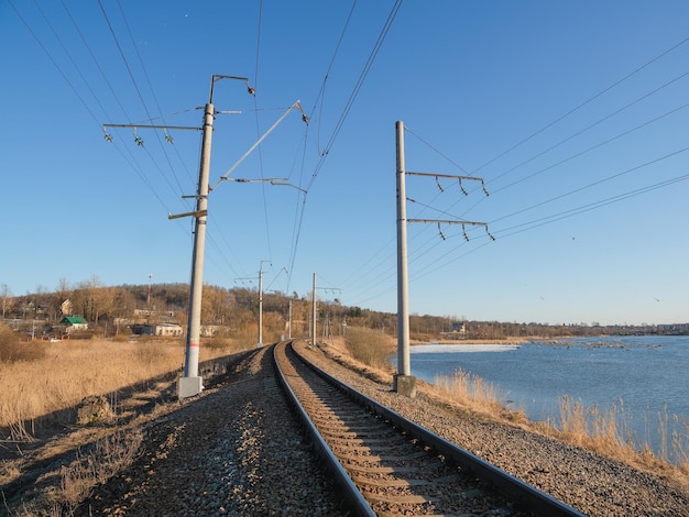 Empty railway track single rail Railway track turns and twists between out of focus hills background Empty rounding and turning single track of railways