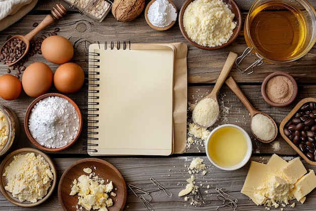 Photo empty recipe notebook with cheese cake ingredients prepared over a white wood background