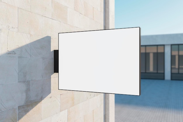 Empty rectangular white stopper on concrete building Bright city with sunlight background Ad pub cafe or restaurant banner Mock up 3D Rendering