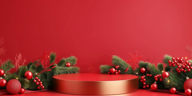 Empty Red Podium Surrounded by Festive Christmas Decor