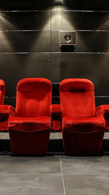 Photo empty red velvet theater seats in a modern cinema hall with black walls and ambient lighting