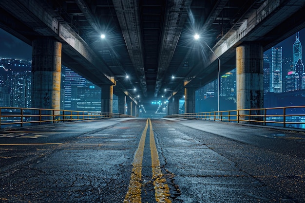 Empty road under bridge at night with city skyline