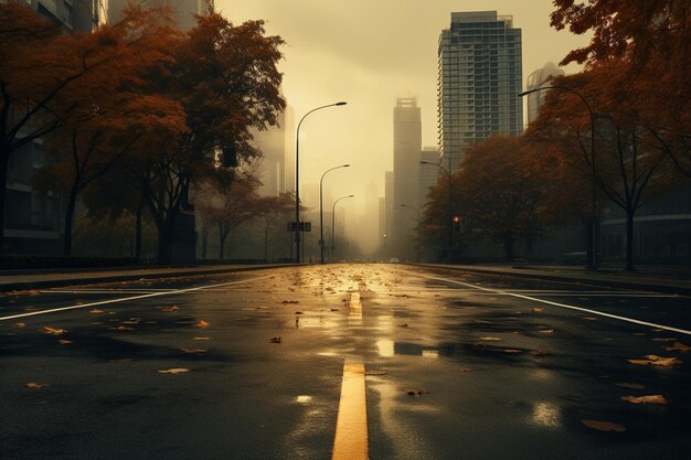 Empty road in city in autumn time