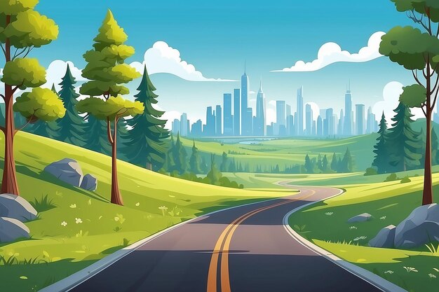 Photo empty road to city landscape illustration nature highway through meadow and trees to city cartoon vector background