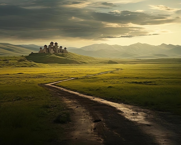 an empty road in a field near old monastery in the style of vibrant