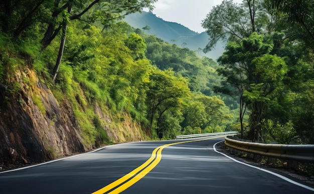 an empty road next to a forest in the mountains in the style of focus on joints connections