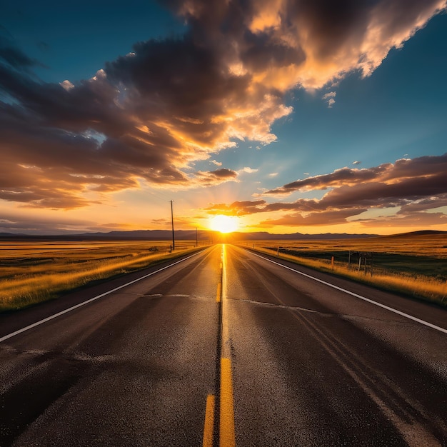 Empty road landscape at golden hour