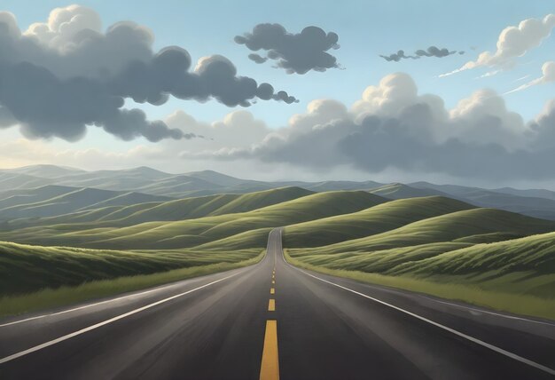 Empty road leading towards rolling hills with patches of sunlight and overcast sky