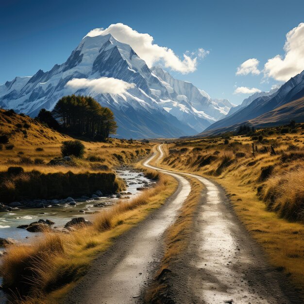 An empty road stretching into the distance View of beautiful snowcapped mountain peaks