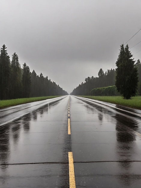 Empty road with big drops of rain falling in the middle of the road