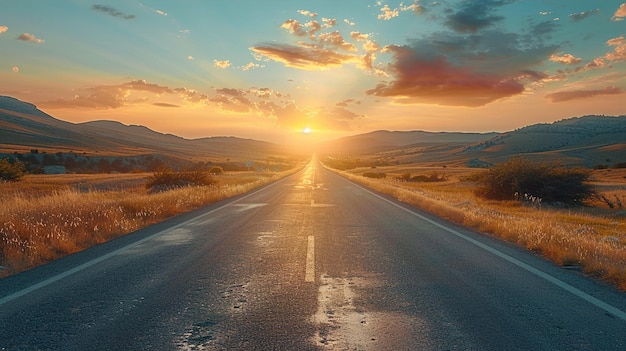 an empty road with the sun setting behind it