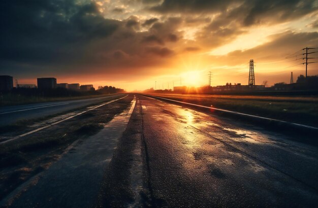 An empty road with a sunset behind a cloud