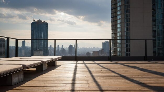 Photo empty rooftop terrace with stunning city skyline view during sunset ideal for urban retreats