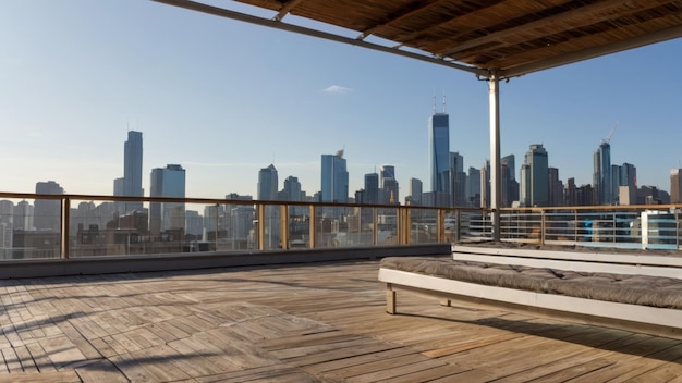 Photo empty rooftop terrace with stunning city skyline view during sunset ideal for urban retreats