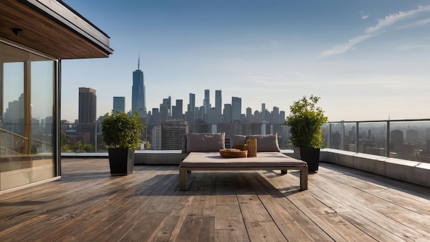 Photo empty rooftop terrace with stunning city skyline view during sunset ideal for urban retreats