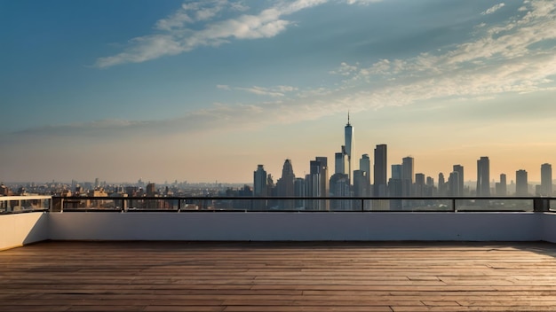 Photo empty rooftop terrace with stunning city skyline view during sunset ideal for urban retreats