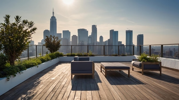 Photo empty rooftop terrace with stunning city skyline view during sunset ideal for urban retreats