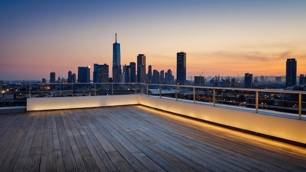 Photo empty rooftop terrace with stunning city skyline view during sunset ideal for urban retreats