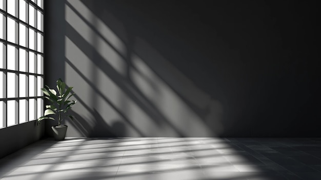 Empty room black background for product presentation with shadow and light from windows