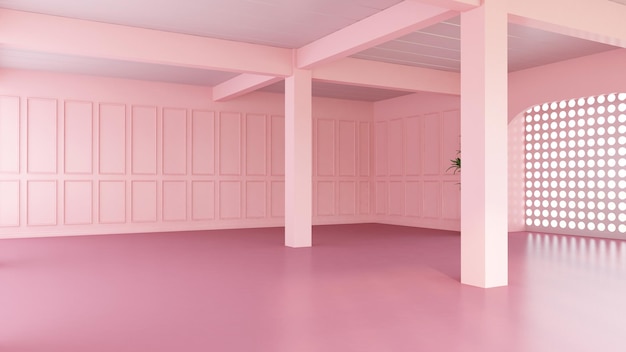 Empty room decorated with pink wall and pink floor There are exposed bare ceiling 3d rendering