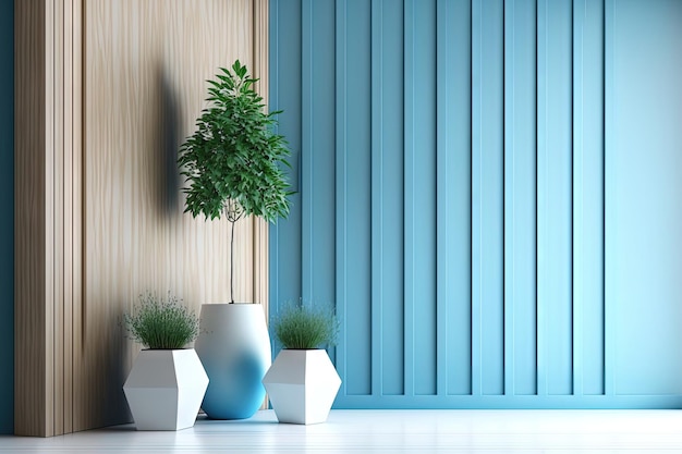 Empty room interior background blue paneling mock up wall Wooden board paneling and marble flooring Decorative vases with green twig Home mock up design