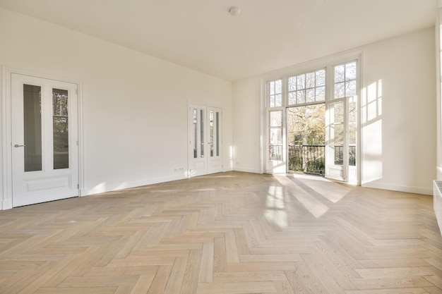 Empty room interior background with parquet floor and white walls