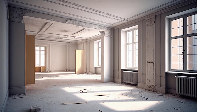 Empty Room Interior For Gallery Exhibition . Showroom Interior With Wooden Parquet Flooring, White Paint Blank Walls And Ceiling. Creative Design Template Realistic 3d Illustration.