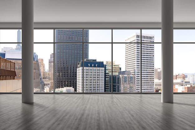 Empty room Interior Skyscrapers View Cityscape Downtown San Francisco City Skyline Buildings from High Rise Window Beautiful California Real Estate Day time 3d rendering