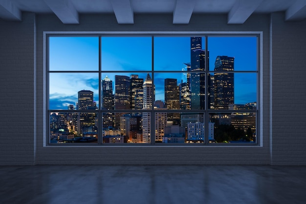 Empty room Interior Skyscrapers View Cityscape Downtown Seattle City Skyline Buildings from High Rise Window Beautiful Real Estate Night time 3d rendering