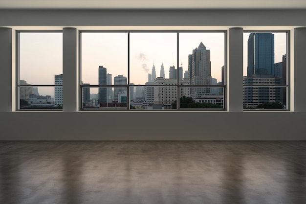 Empty room Interior Skyscrapers View MalaysiaDowntown Kuala Lumpur City Skyline Buildings from High Rise Window Beautiful Expensive Real Estate overlooking Sunset 3d rendering