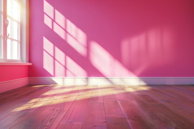 Empty room interior with a vibrant pink wall natural wooden floor and soft sunlight creating shadows