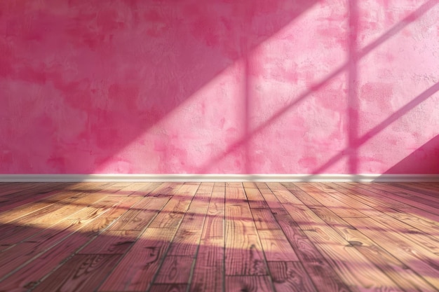 Empty room interior with a vibrant pink wall natural wooden floor and soft sunlight creating shadows