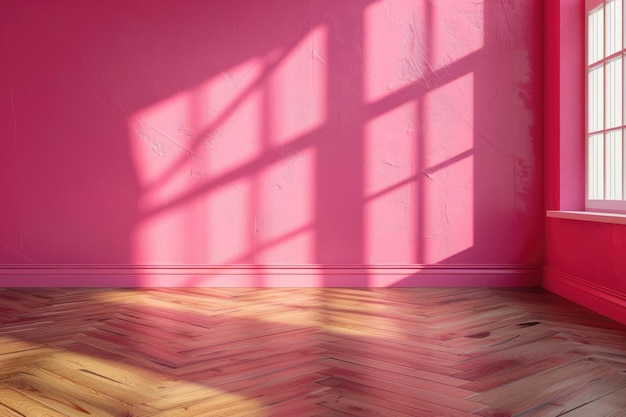 Empty room interior with a vibrant pink wall natural wooden floor and soft sunlight creating shadows