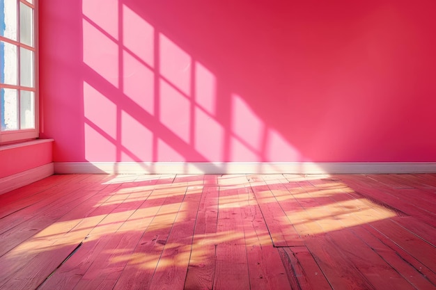 Empty room interior with a vibrant pink wall natural wooden floor and soft sunlight creating shadows