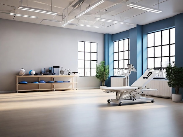 Empty room or office space designed for rehabilitation with various equipment sports medicine 8k