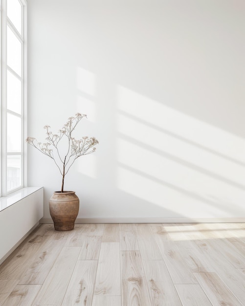 Empty room in a property with plain natural lighting and copy space Residential Real Estate mockup composition with minimal furniture