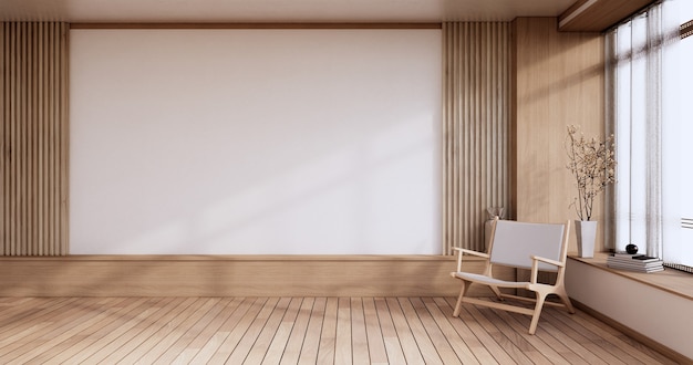 Empty room - white wall on wood floor interior and decorations plants. 3D rendering