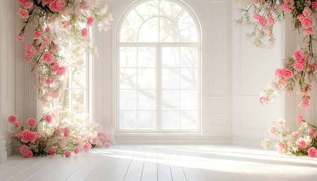 empty room window with Beautiful flowers and leaves background and frame