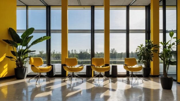 Empty room with arched windows casting sunlight on yellow walls