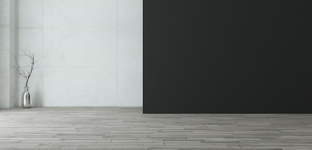 Empty room with black painted wall and concrete wall with wooden floor and sunlight realistic 3D rendering