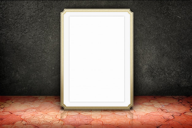 Empty room with blank marble photo frame at black stone wall and vintage pattern brick floor