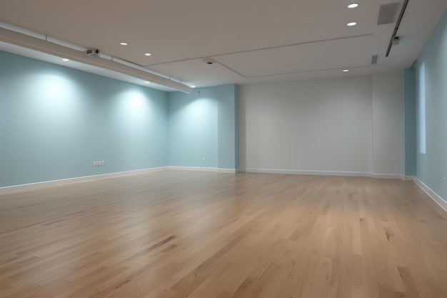 An empty room with blue walls and warm wooden floors