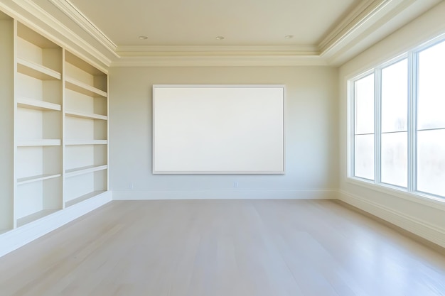 Photo empty room with builtin bookshelves large window and blank canvas