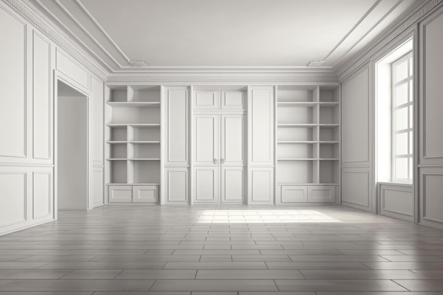 An empty room with a classic bookcase and elegant tile flooring