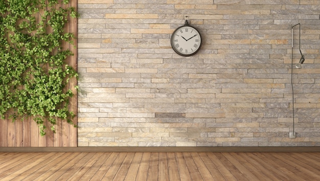 Empty room with climbing plants in front of a wooden panel , stone wall and hardwood floor - 3d rendering