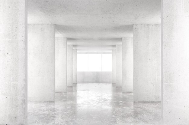 Empty room with concrete walls concrete floor and big window 3D render