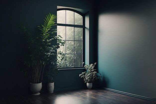 Empty room with a dark wall and plants on the floor