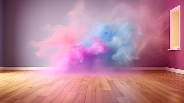 Empty room with fog and clouds in iridescent colors Mockup