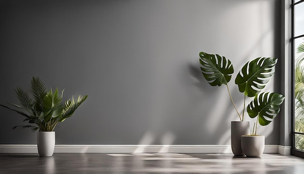 Photo empty room with gray wall and tropical leave shadow