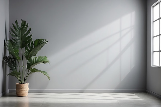 Empty room with gray wall and tropical leave shadow